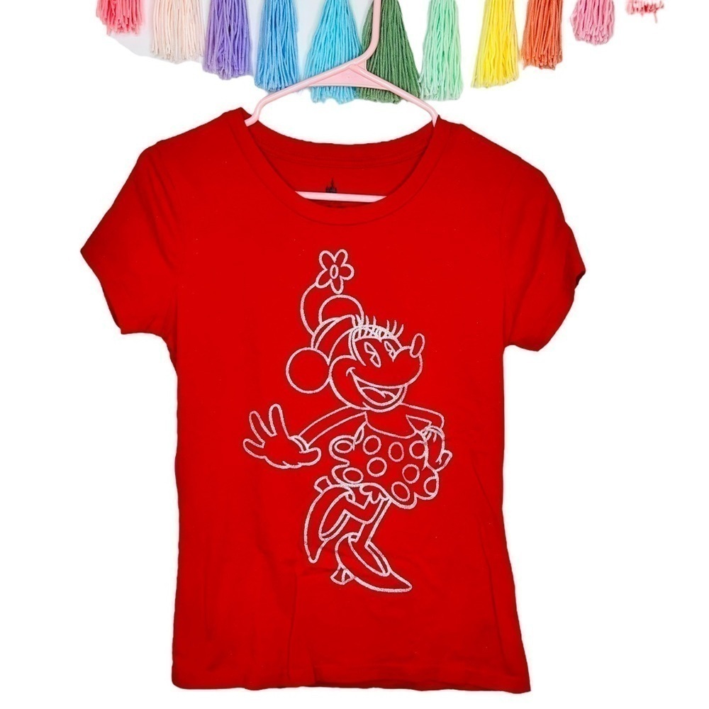 Disney Parks Minnie Mouse Red and Sliver Glitter Graphic T-Shirt Size Small
